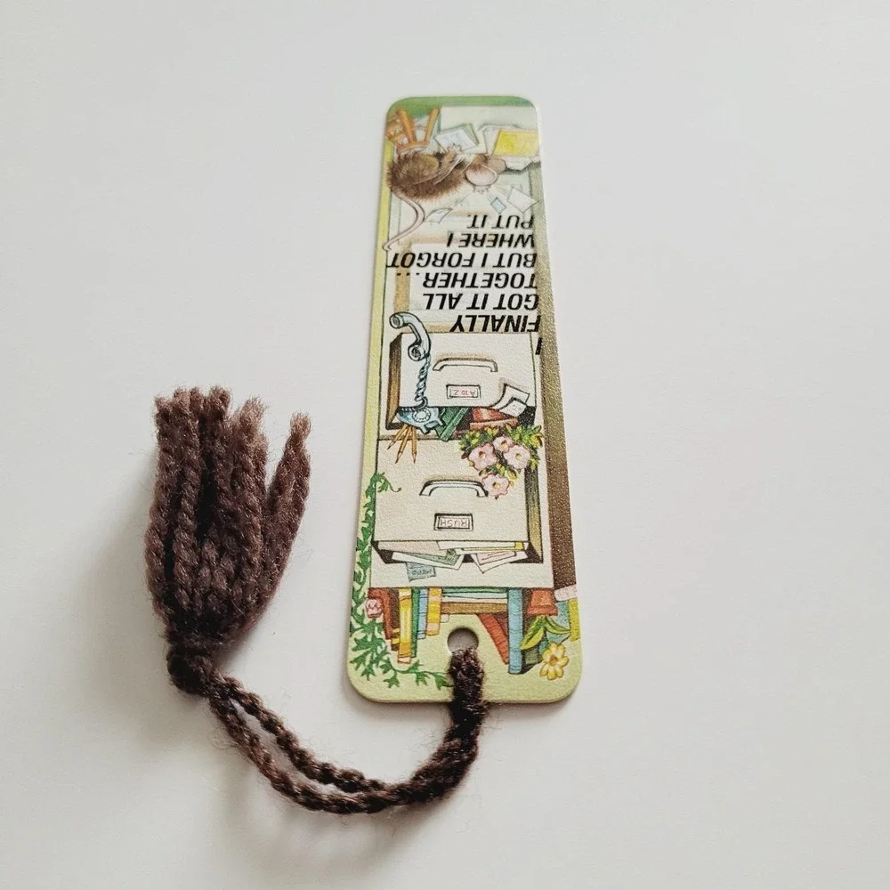 Vintage 70s Office Mouse Bookmark Brown Yarn Tassel 1978 Antioch Bookplate H-225